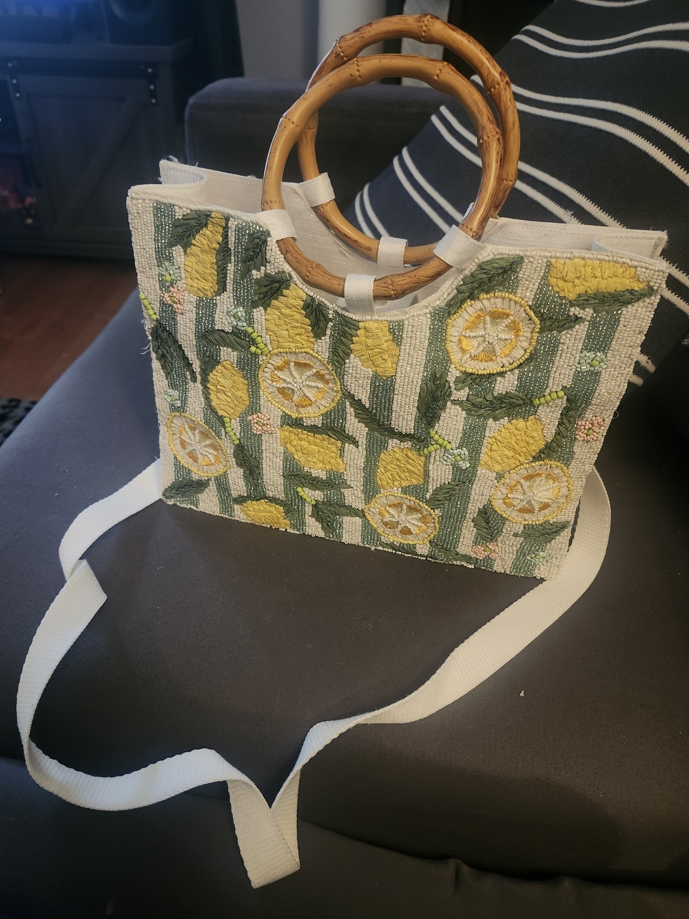 Yellow Lemon Embroidered Bamboo Handle Tote Bag
